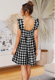 Plaid Square Collar Lotus Leaf Flying Sleeve Loose Dress