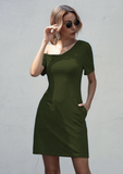 short-sleeved off-the-shoulder irregular pocket dress