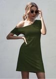 short-sleeved off-the-shoulder irregular pocket dress