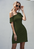short-sleeved off-the-shoulder irregular pocket dress