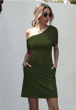 short-sleeved off-the-shoulder irregular pocket dress