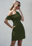 short-sleeved off-the-shoulder irregular pocket dress