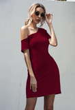 short-sleeved off-the-shoulder irregular pocket dress