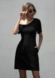 short-sleeved off-the-shoulder irregular pocket dress