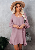 round neck lantern sleeve lace button loose knit dress