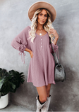 round neck lantern sleeve lace button loose knit dress