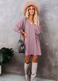 round neck lantern sleeve lace button loose knit dress