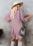 round neck lantern sleeve lace button loose knit dress