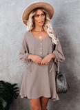 round neck lantern sleeve lace button loose knit dress
