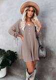 round neck lantern sleeve lace button loose knit dress