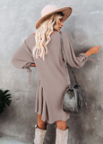 round neck lantern sleeve lace button loose knit dress