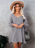 round neck lantern sleeve lace button loose knit dress