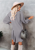 round neck lantern sleeve lace button loose knit dress
