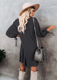 round neck lantern sleeve lace button loose knit dress