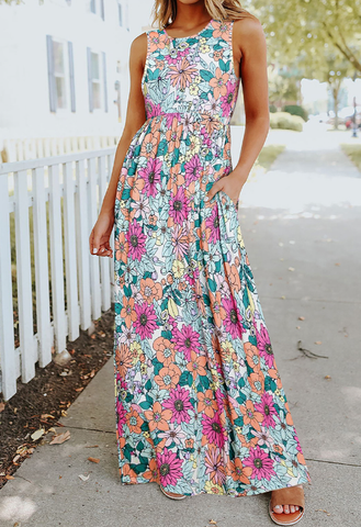 high waist leisure floral printed round neck dress