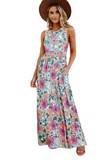 high waist leisure floral printed round neck dress