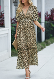 medium sleeve deep V-neck leopard print waist dress
