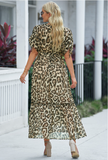 medium sleeve deep V-neck leopard print waist dress