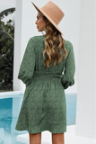 Long sleeve pleated waist slim polka-dot dress