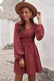 Long sleeve pleated waist slim polka-dot dress