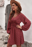 Long sleeve pleated waist slim polka-dot dress
