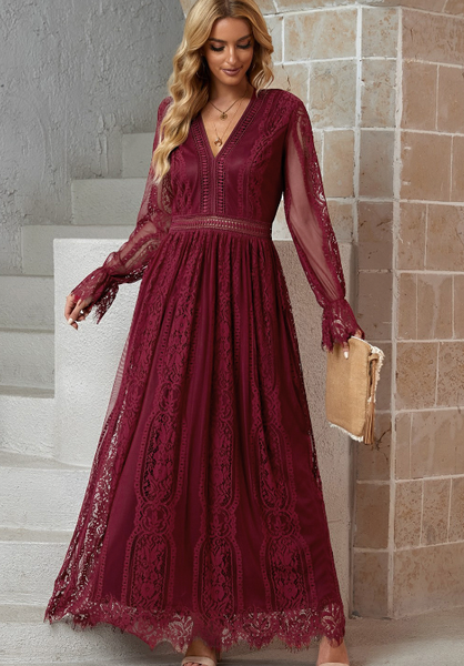 2023V neck and waist lace openwork dress