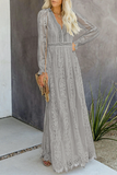 2023V neck and waist lace openwork dress