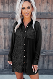 double-breasted lapel long sleeve satin sequined stitching shirt dress