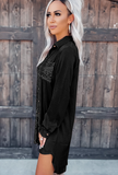 double-breasted lapel long sleeve satin sequined stitching shirt dress