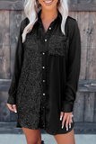double-breasted lapel long sleeve satin sequined stitching shirt dress