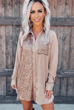 double-breasted lapel long sleeve satin sequined stitching shirt dress