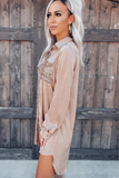double-breasted lapel long sleeve satin sequined stitching shirt dress