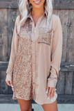 double-breasted lapel long sleeve satin sequined stitching shirt dress