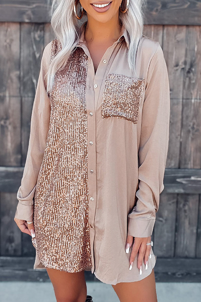 double-breasted lapel long sleeve satin sequined stitching shirt dress
