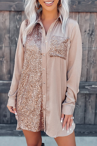 double-breasted lapel long sleeve satin sequined stitching shirt dress