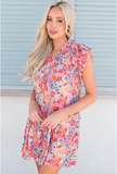 V-neck ruffled multi-color floral sleeveless dress