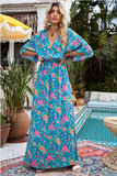 elastic belt waist long sleeve loose print dress