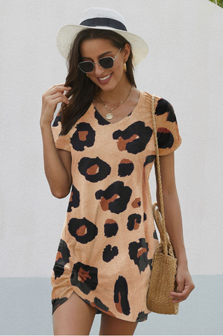 casual V-neck leopard print T-shirt dress