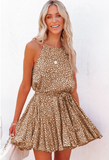 Leopard sleeveless lace-up pleated skirt with suspenders