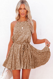 Leopard sleeveless lace-up pleated skirt with suspenders