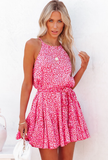 Leopard sleeveless lace-up pleated skirt with suspenders