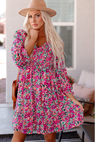 V neck pleated waist slim long sleeve floral dress