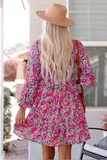 V neck pleated waist slim long sleeve floral dress
