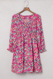 V neck pleated waist slim long sleeve floral dress