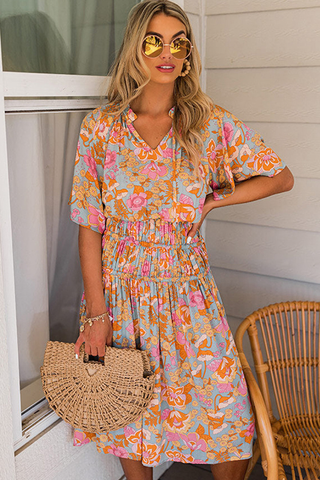 loose mid-sleeve floral waist slimming dress