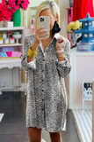 Lapel hem split long sleeve Leopard print shirt dress