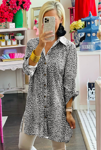 Lapel hem split long sleeve Leopard print shirt dress