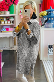 Lapel hem split long sleeve Leopard print shirt dress