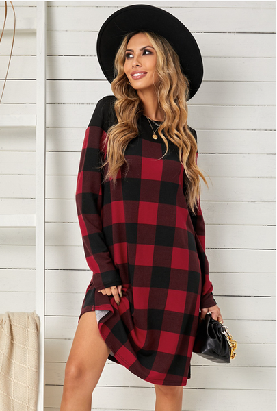 leisure long sleeve pullover plaid print dress