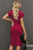 slim lace short-sleeved dress with small high neck